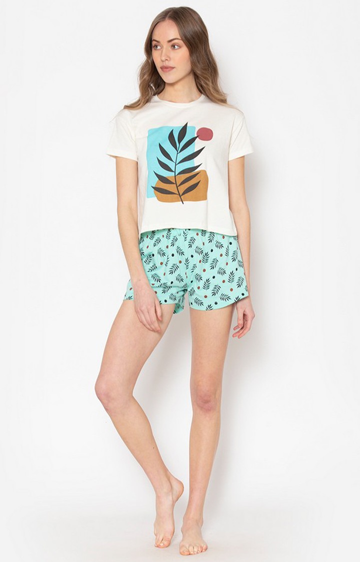 Women's Off White Cotton Printed Nightwear Set