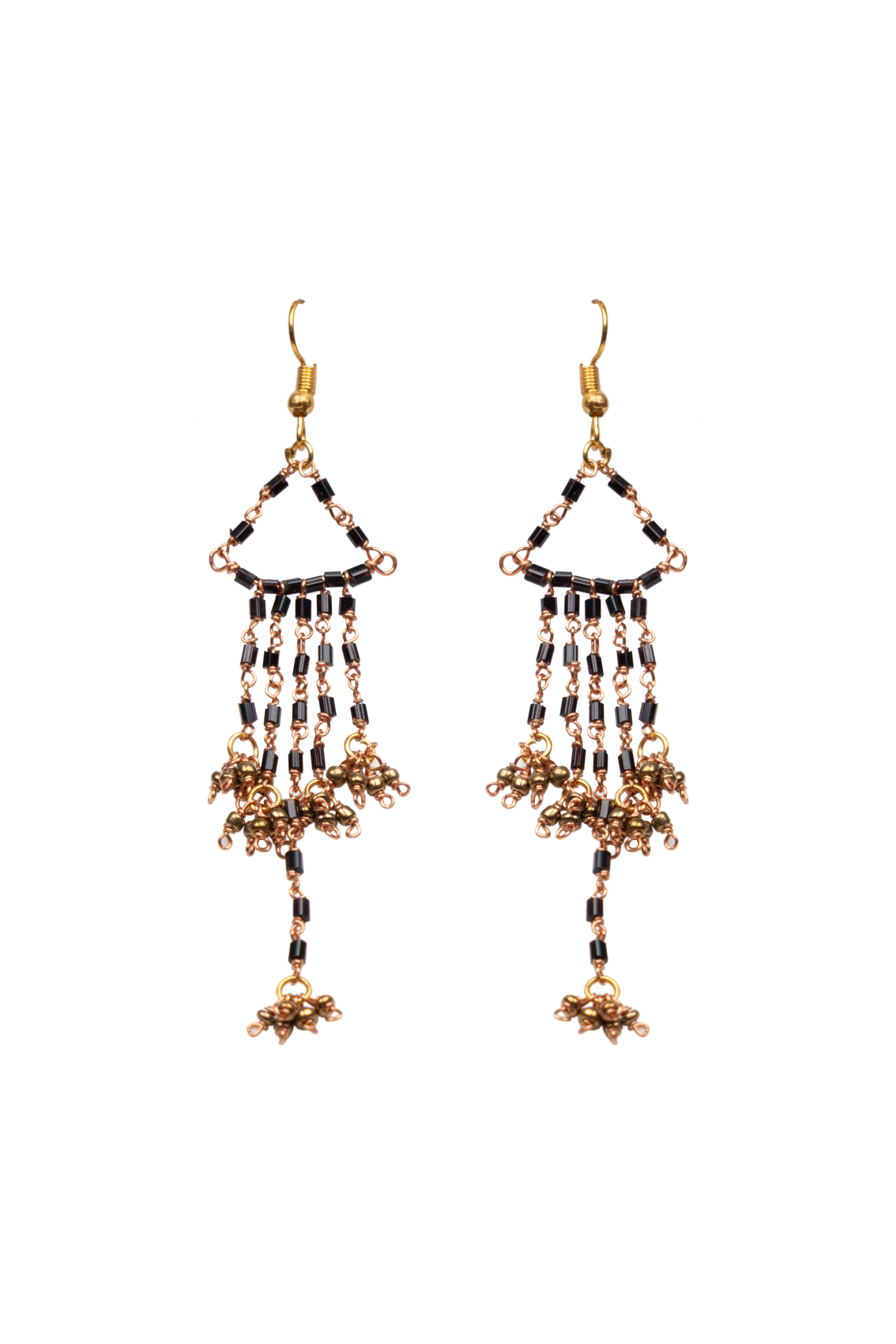 Blue Mixed Golden Beads Curtain Earrings
