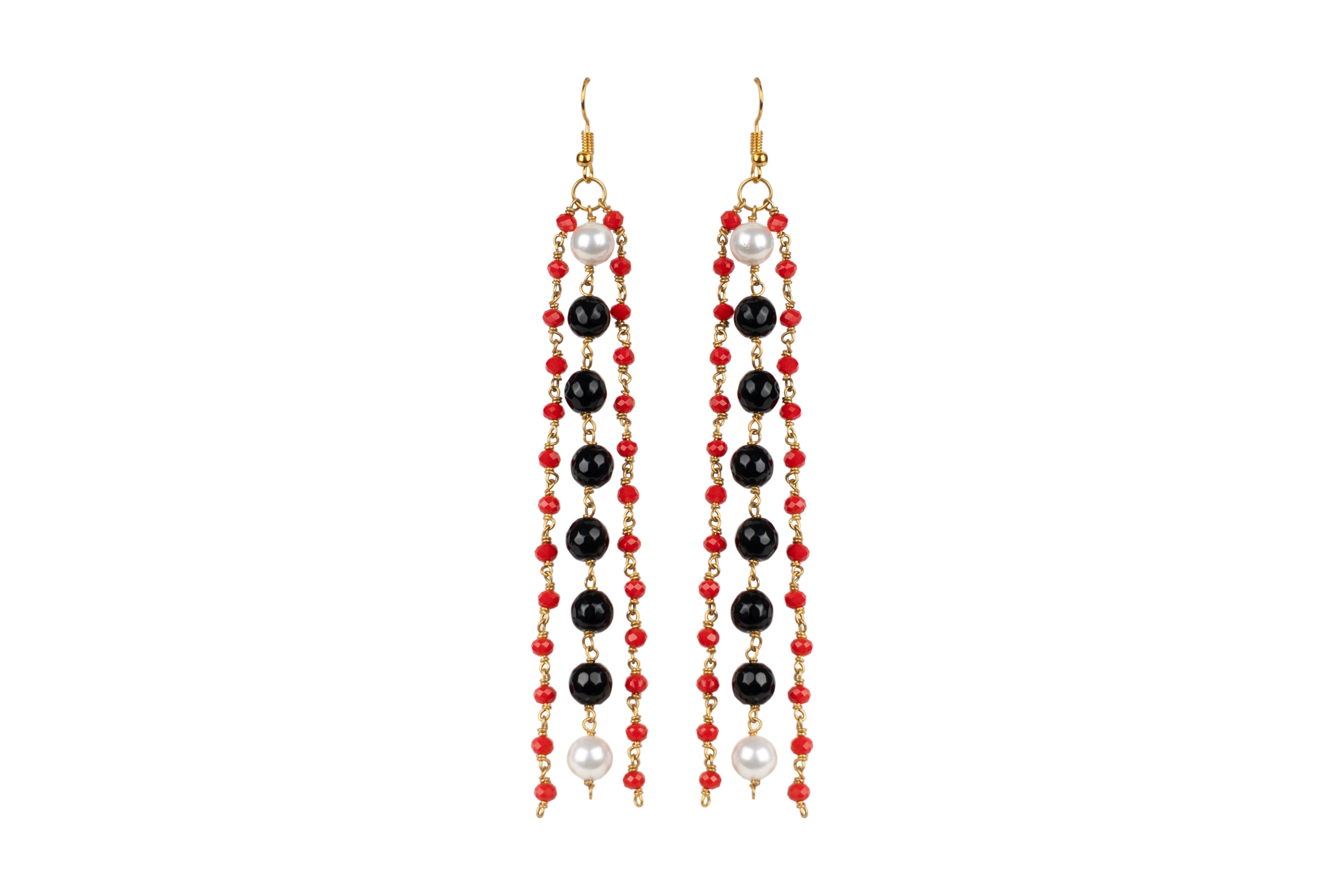 Pearl Mixed Red Glass Curtain Earring