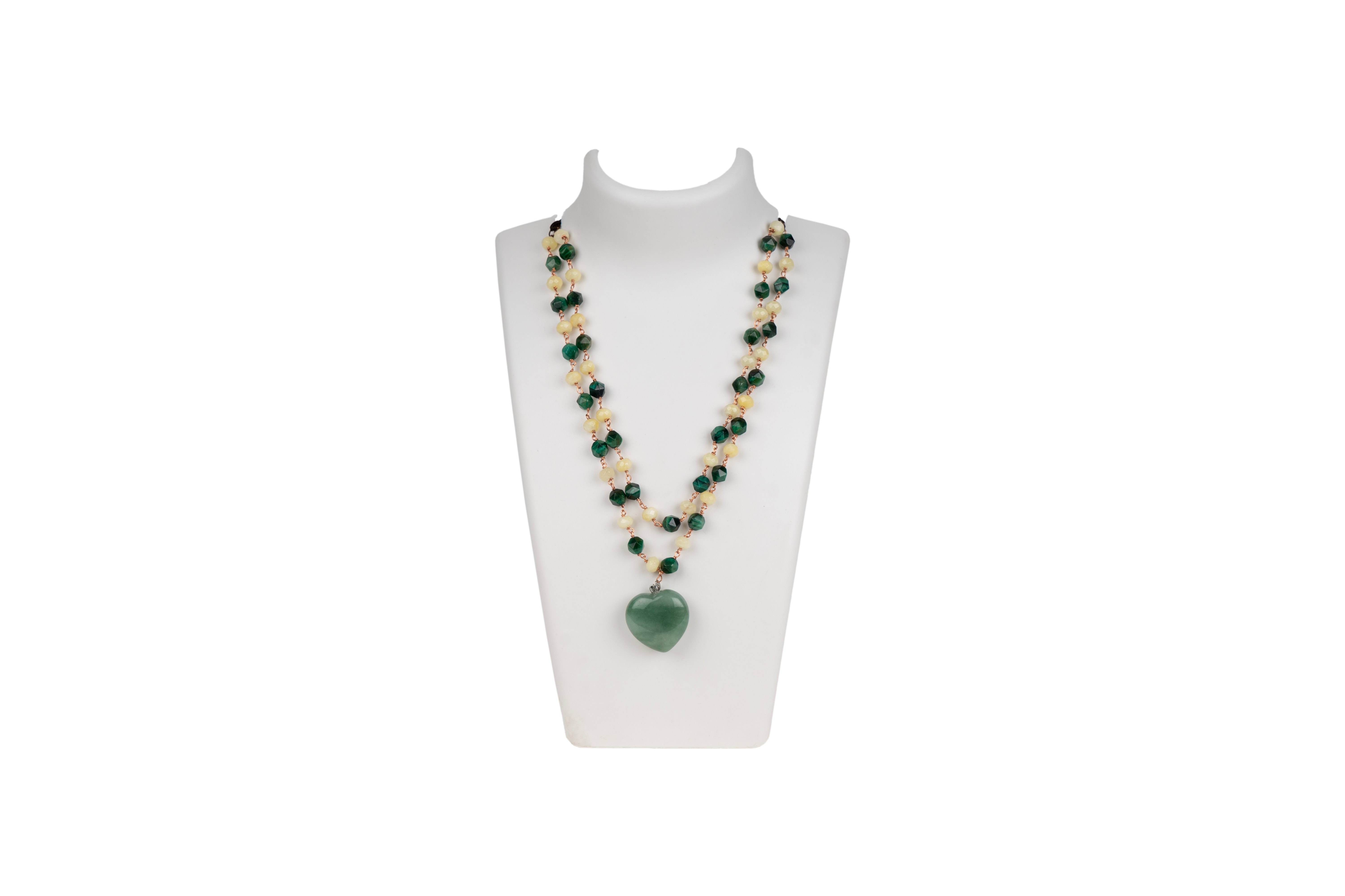 Green Tiger Eye Baati Mixed Double Layered Necklace with Heart Pendant