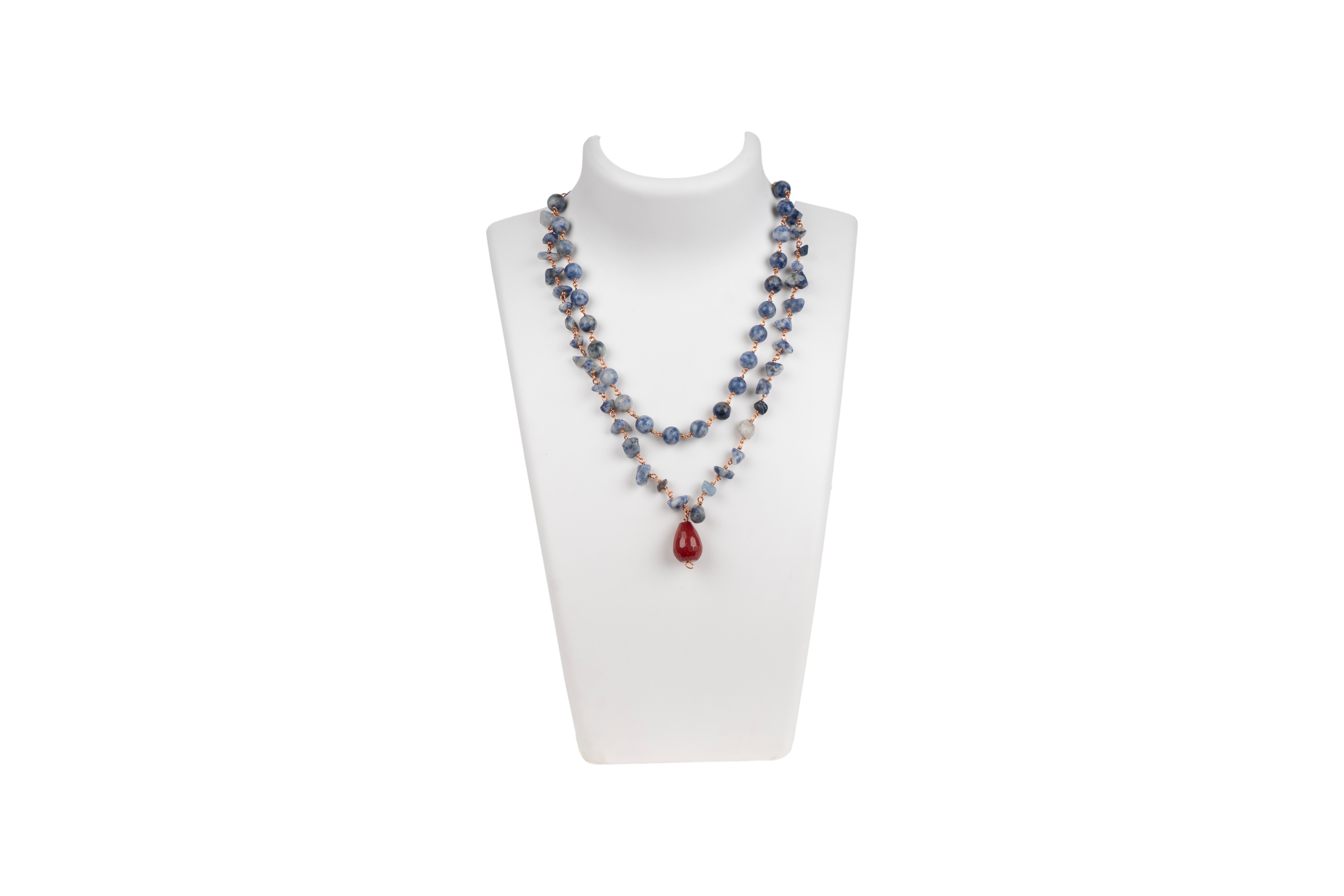 Sodalite Double Layered Necklace with Red Stone Drop Pendant