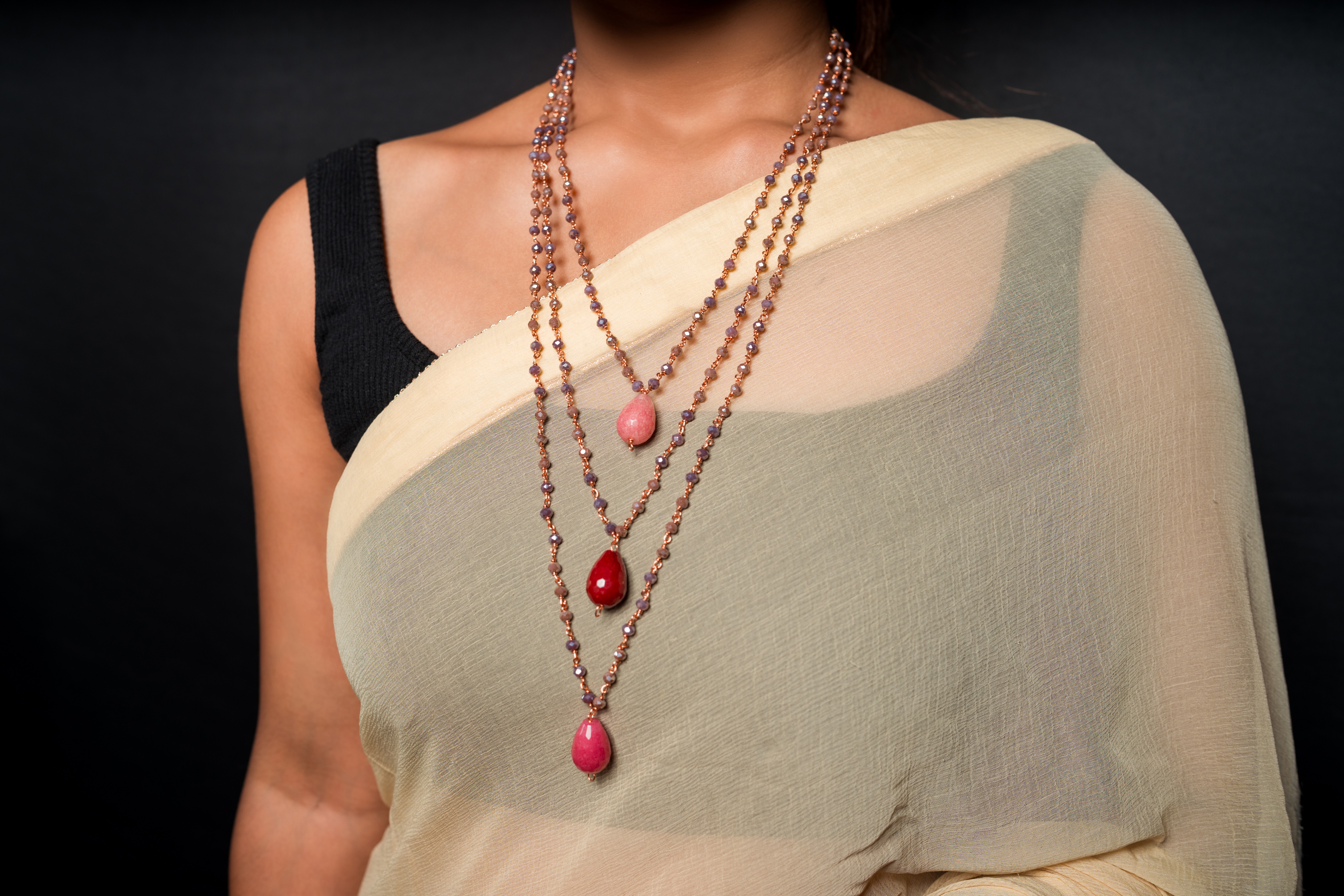 Violet Silver Mixed Crystal Beads Multi Layered Necklace with Teardrop Pendants