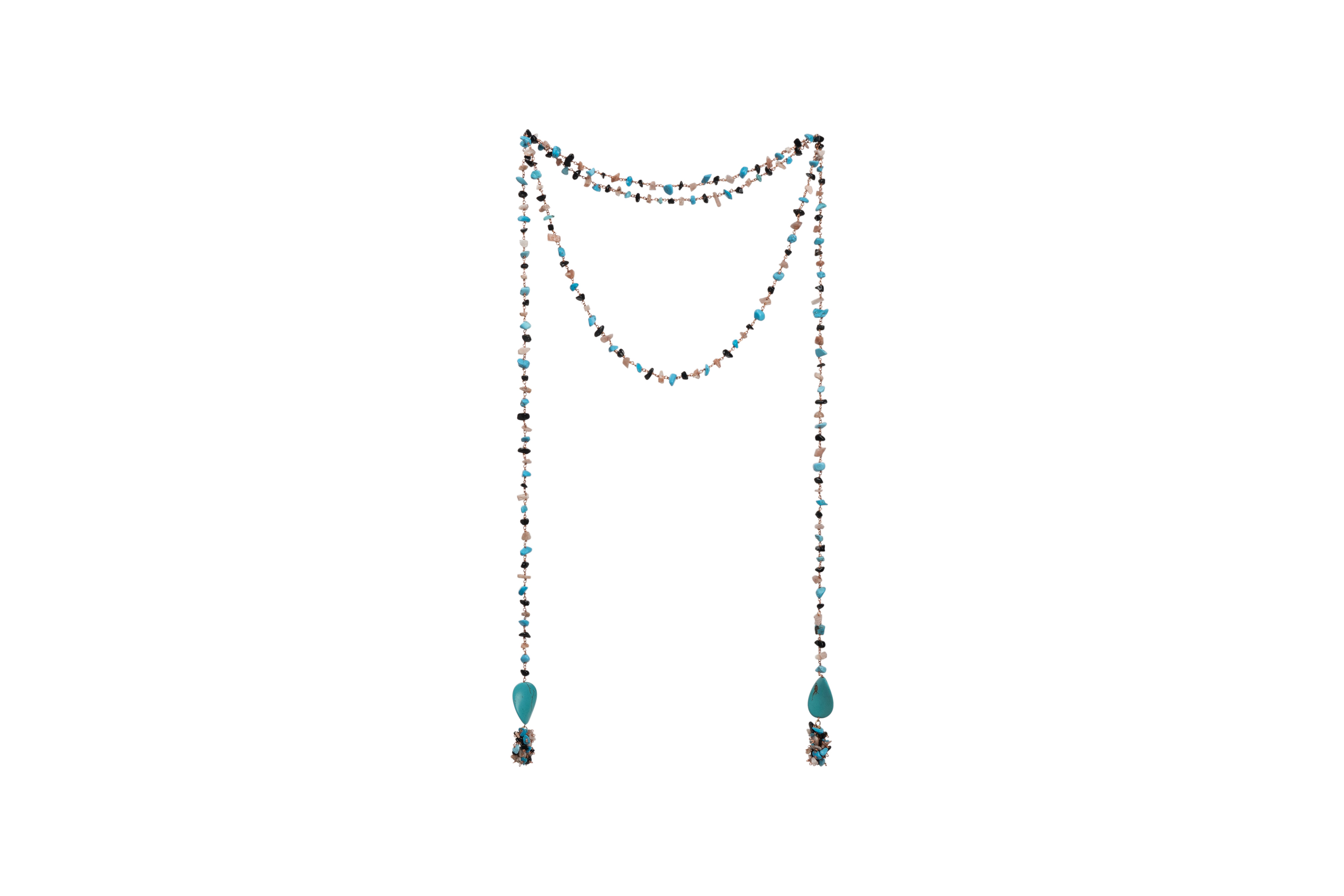 Black Beads Turquoise Opal Chips Mixed Single String Necklace