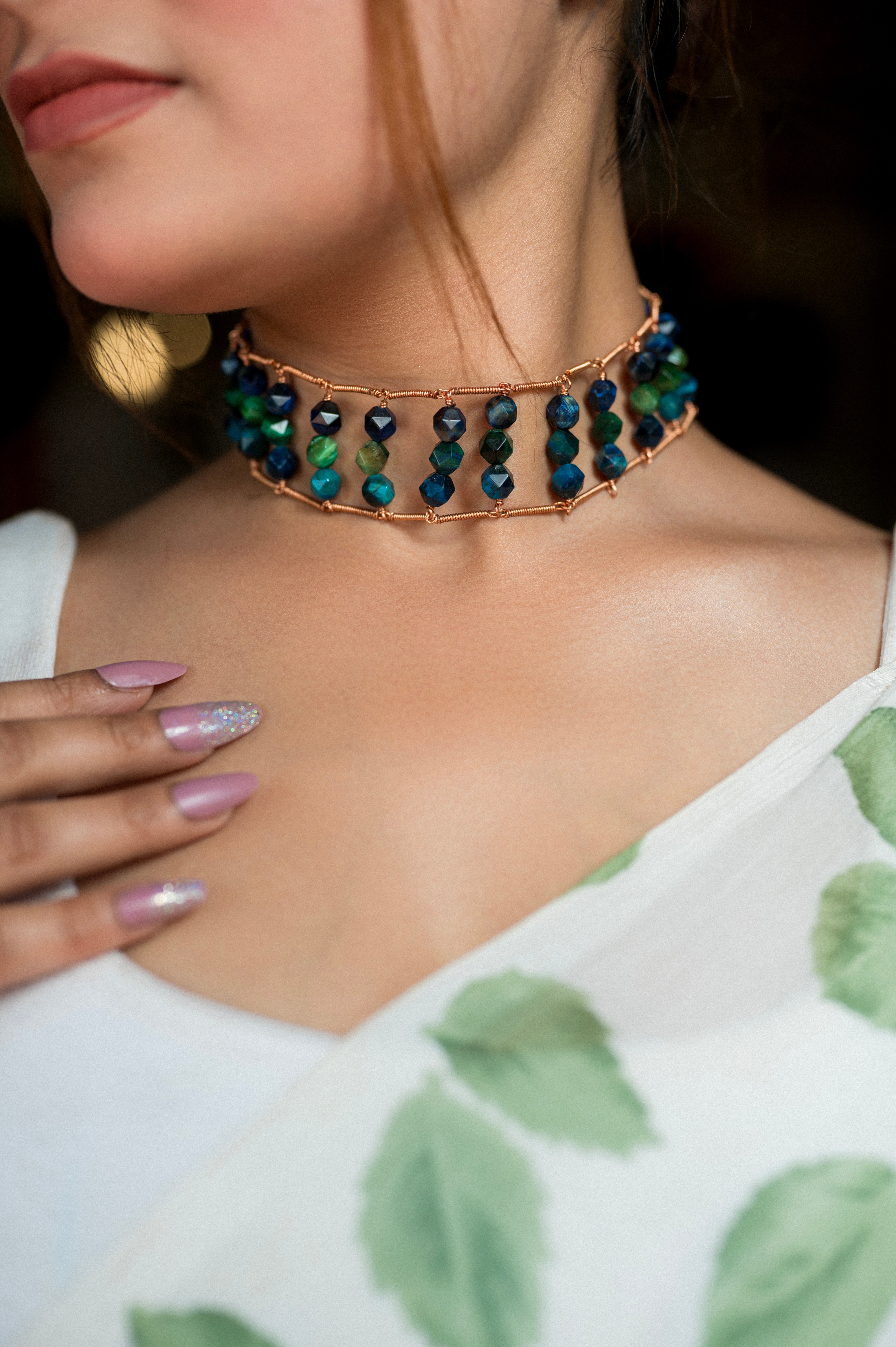 Blue Green Tiger Eye Ladder choker
