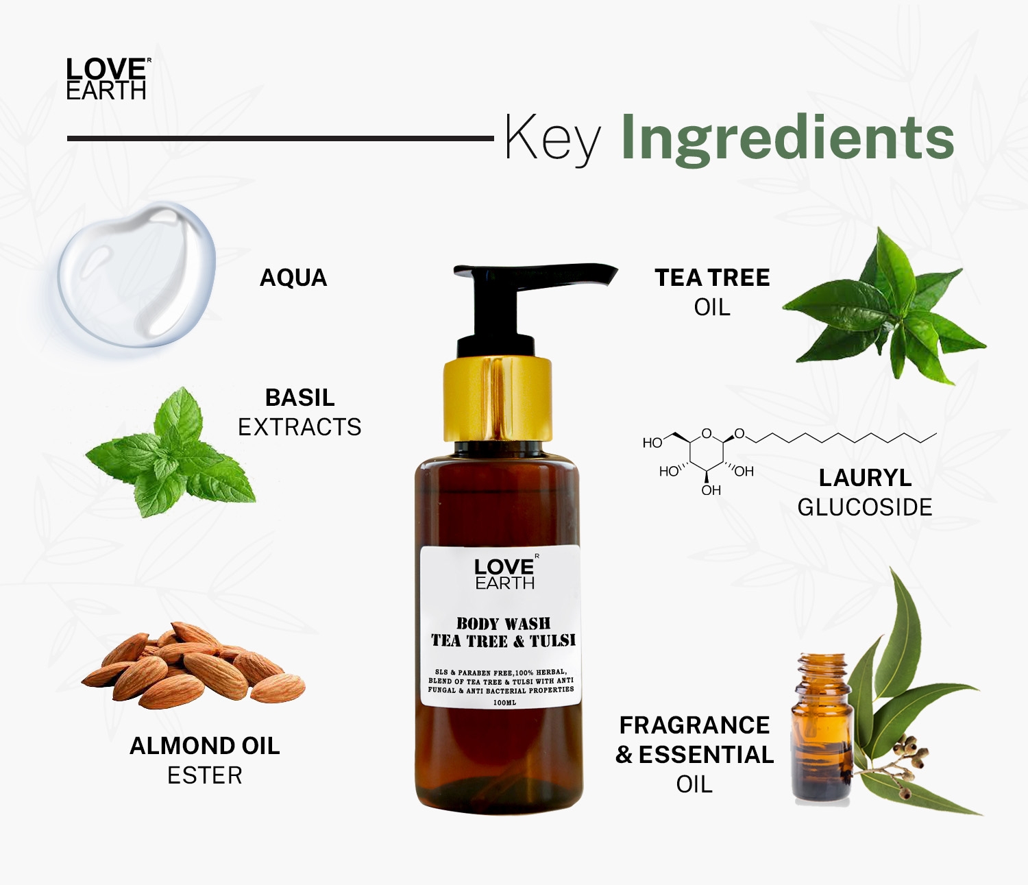 LOVE EARTH | Love Earth Body Wash Tea Tree Tulsi for Moisturising Skin with Anti-bacterial Properties 100ml 2