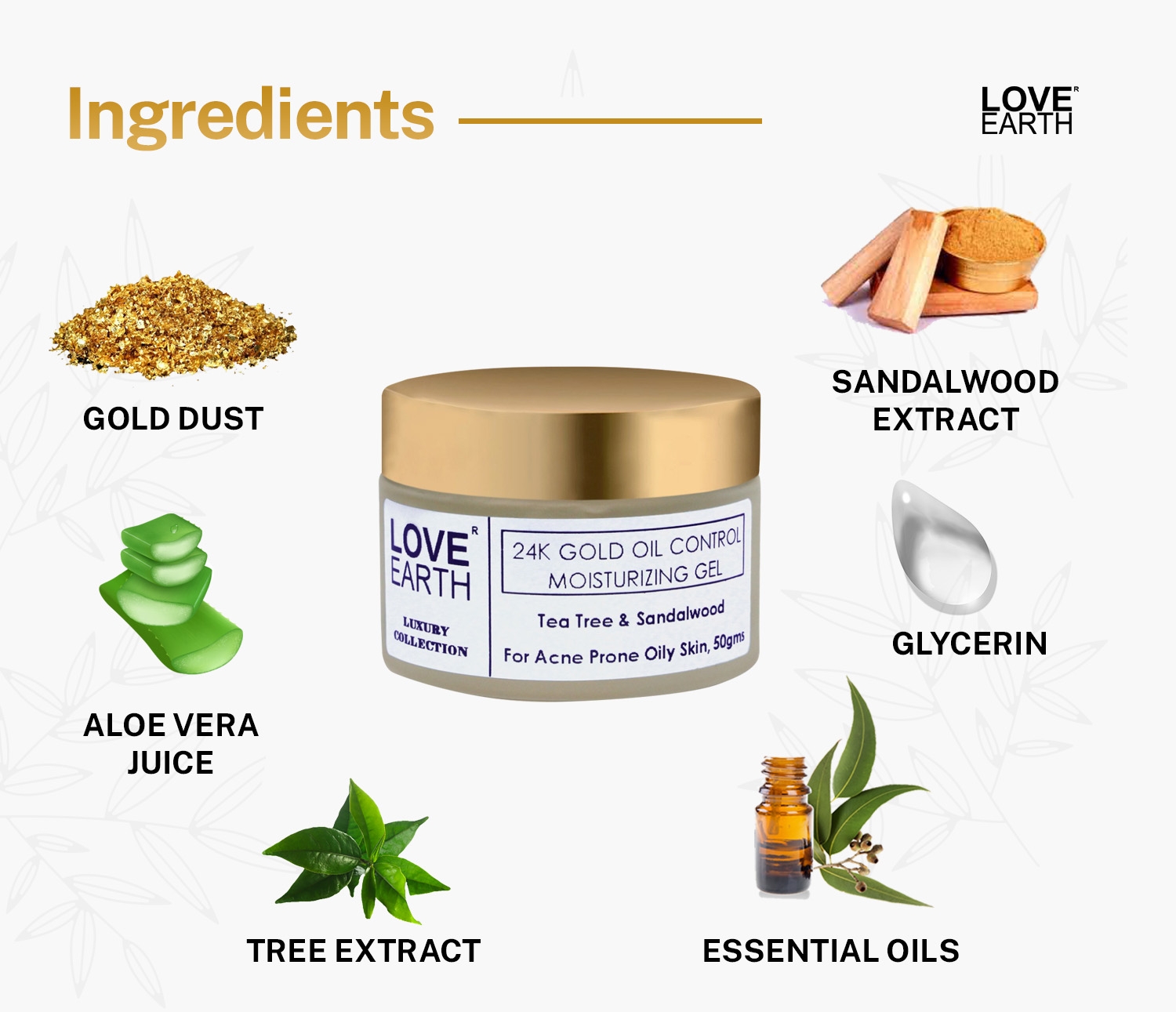 LOVE EARTH | Love Earth 24K Gold Oil Control Moisturizing Gel With Aloe Vera & Sandalwood Extract For Sensitive & Acne-Prone Skin Suitable For All Skin Types 50gm 2