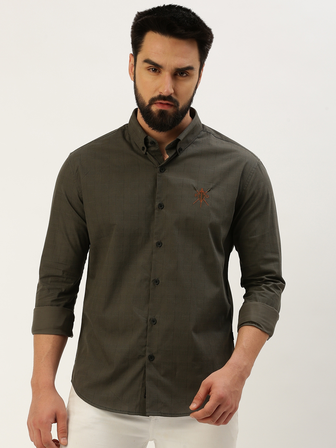 Showoff | SHOWOFF Men's Spread Collar Checked Grey Regular Fit Shirt 1