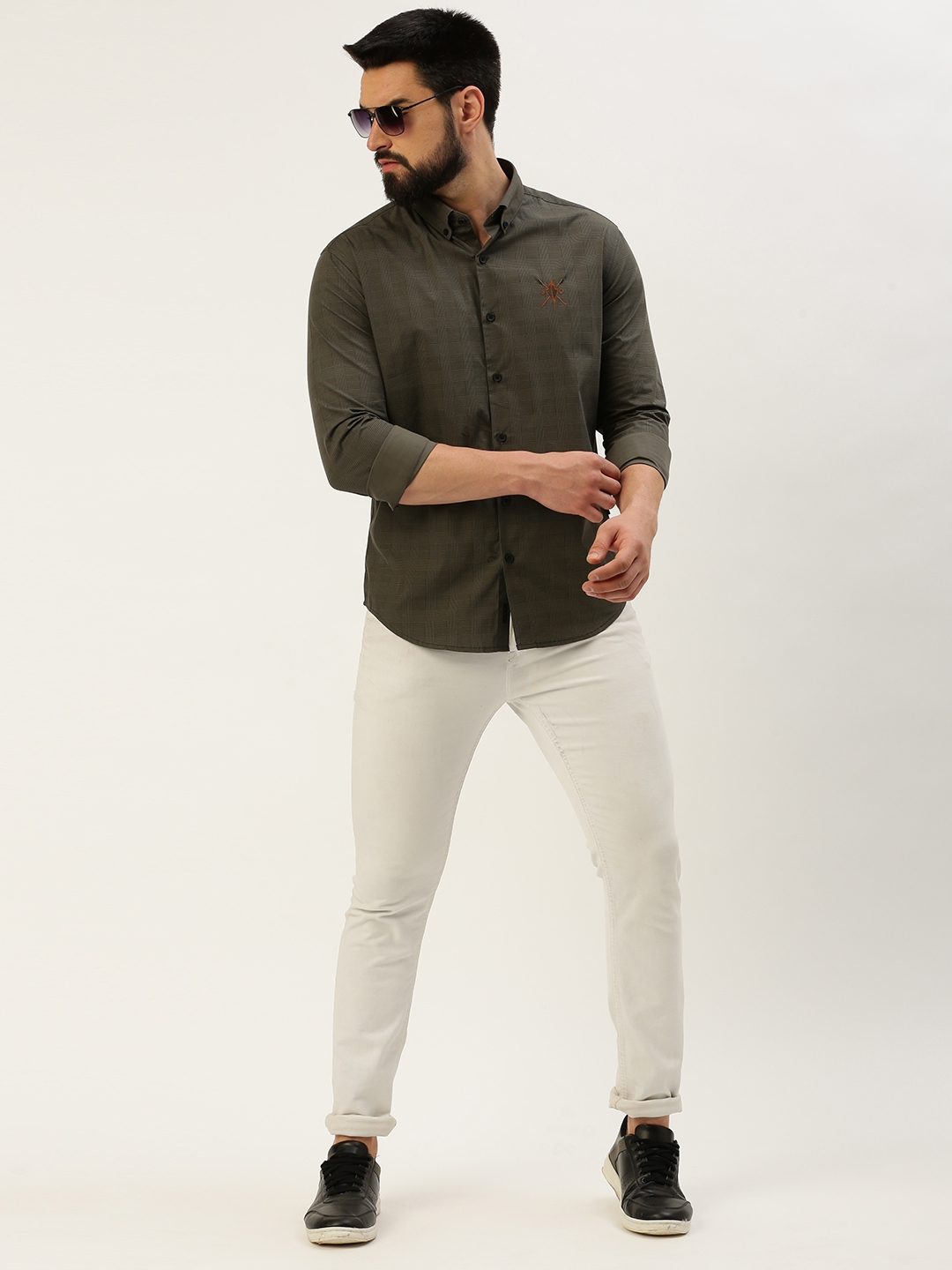 Showoff | SHOWOFF Men's Spread Collar Checked Grey Regular Fit Shirt 4