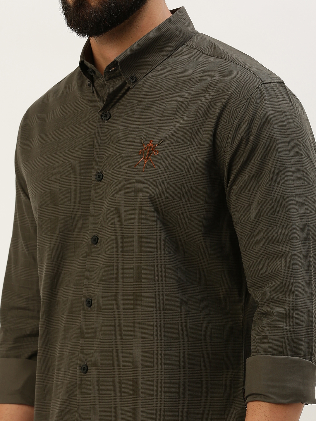 Showoff | SHOWOFF Men's Spread Collar Checked Grey Regular Fit Shirt 5