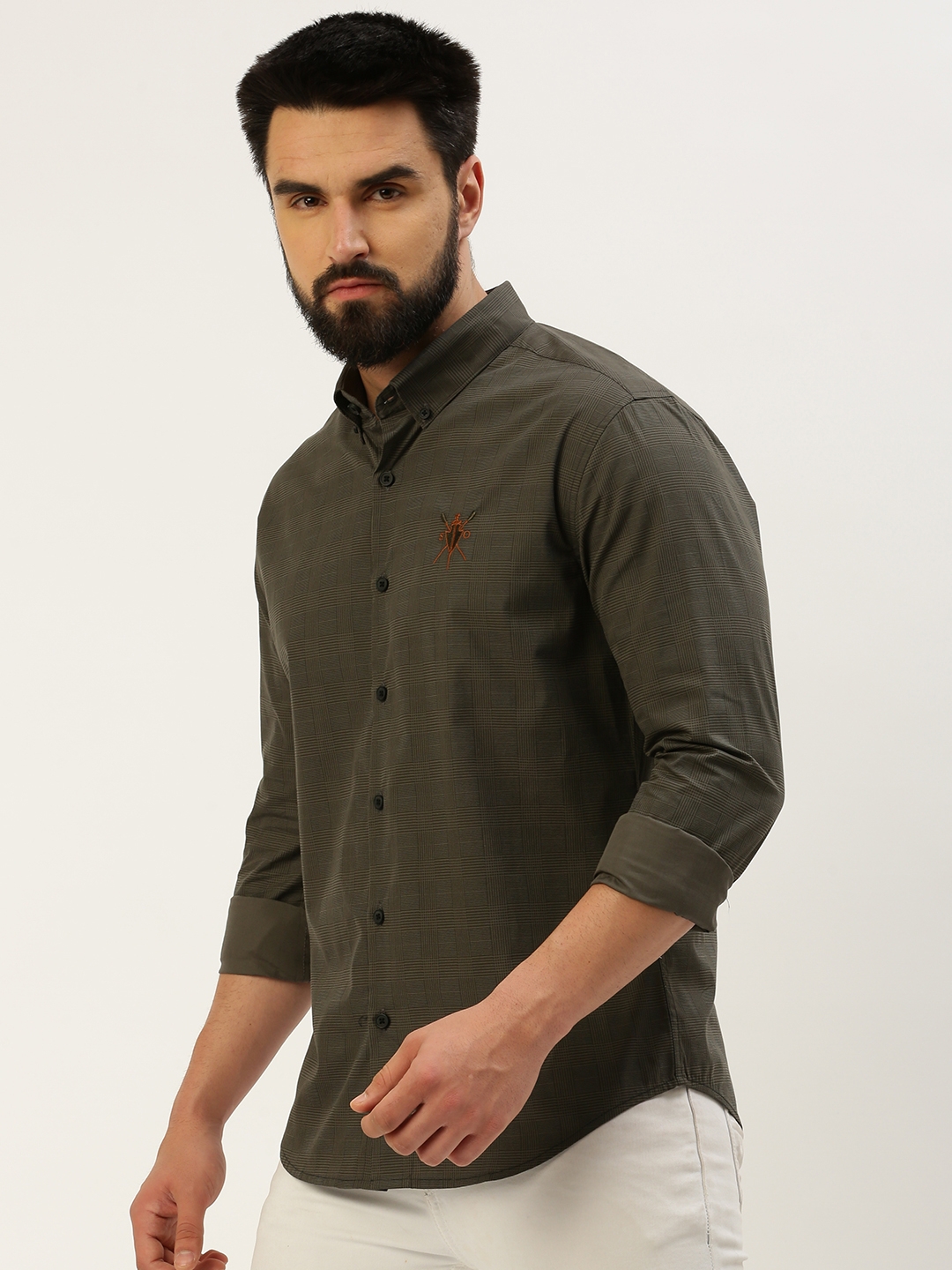 Showoff | SHOWOFF Men's Spread Collar Checked Grey Regular Fit Shirt 2
