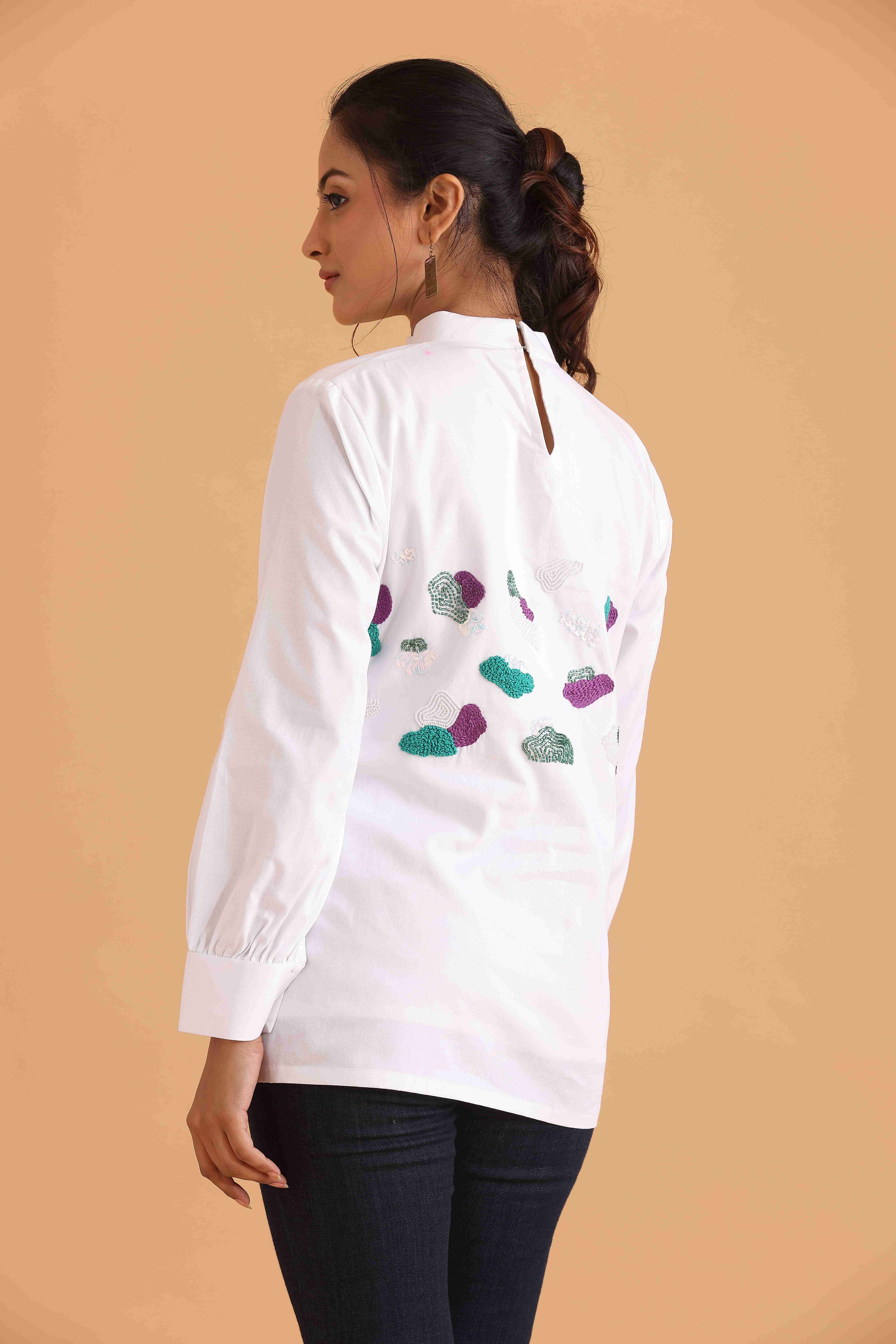 White High-Neck Top with Abstract Embroidery