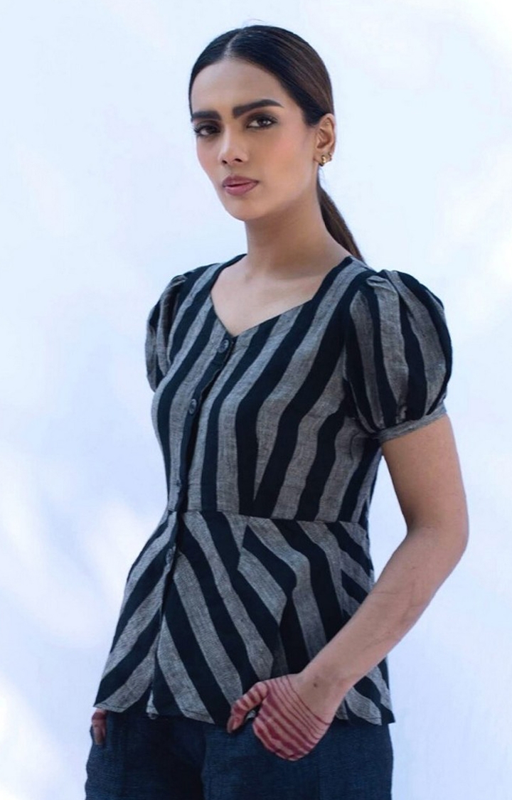 Women's Black Linen Striped Tunics