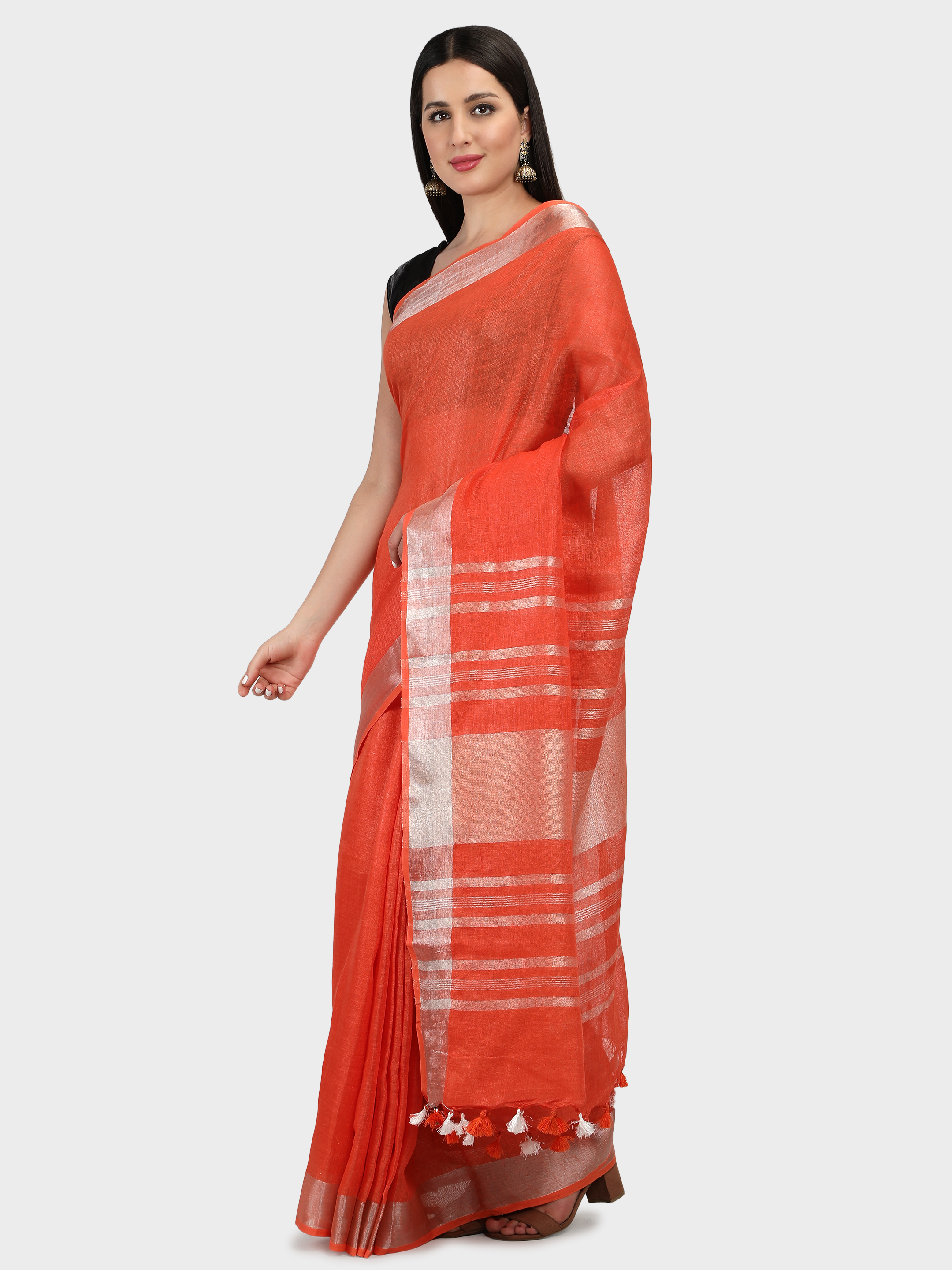 Somheera Tomato Red with Silver Zari Border Digital Printed Linen Sare