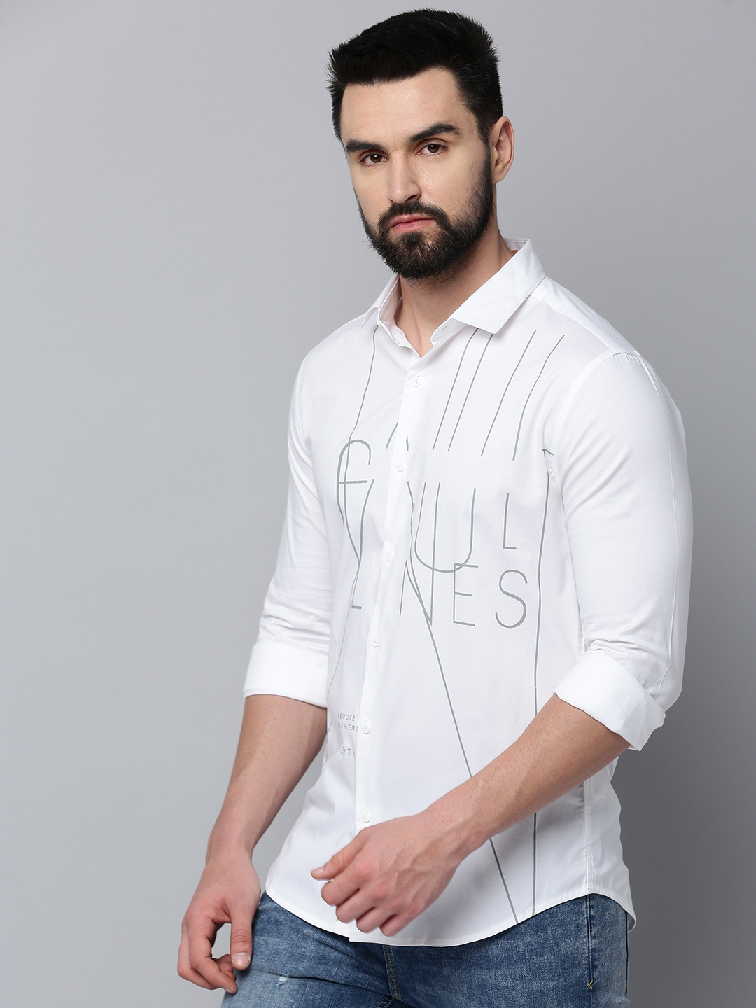 Showoff | SHOWOFF Men's Spread Collar Long Sleeves Printed White Shirt 2