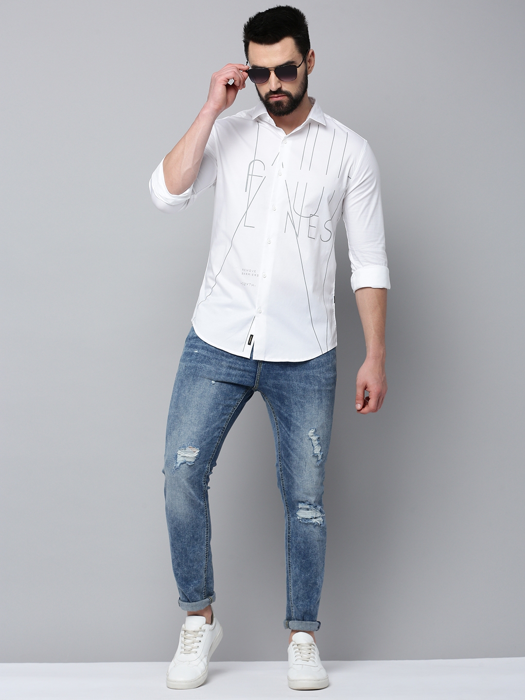 Showoff | SHOWOFF Men's Spread Collar Long Sleeves Printed White Shirt 4