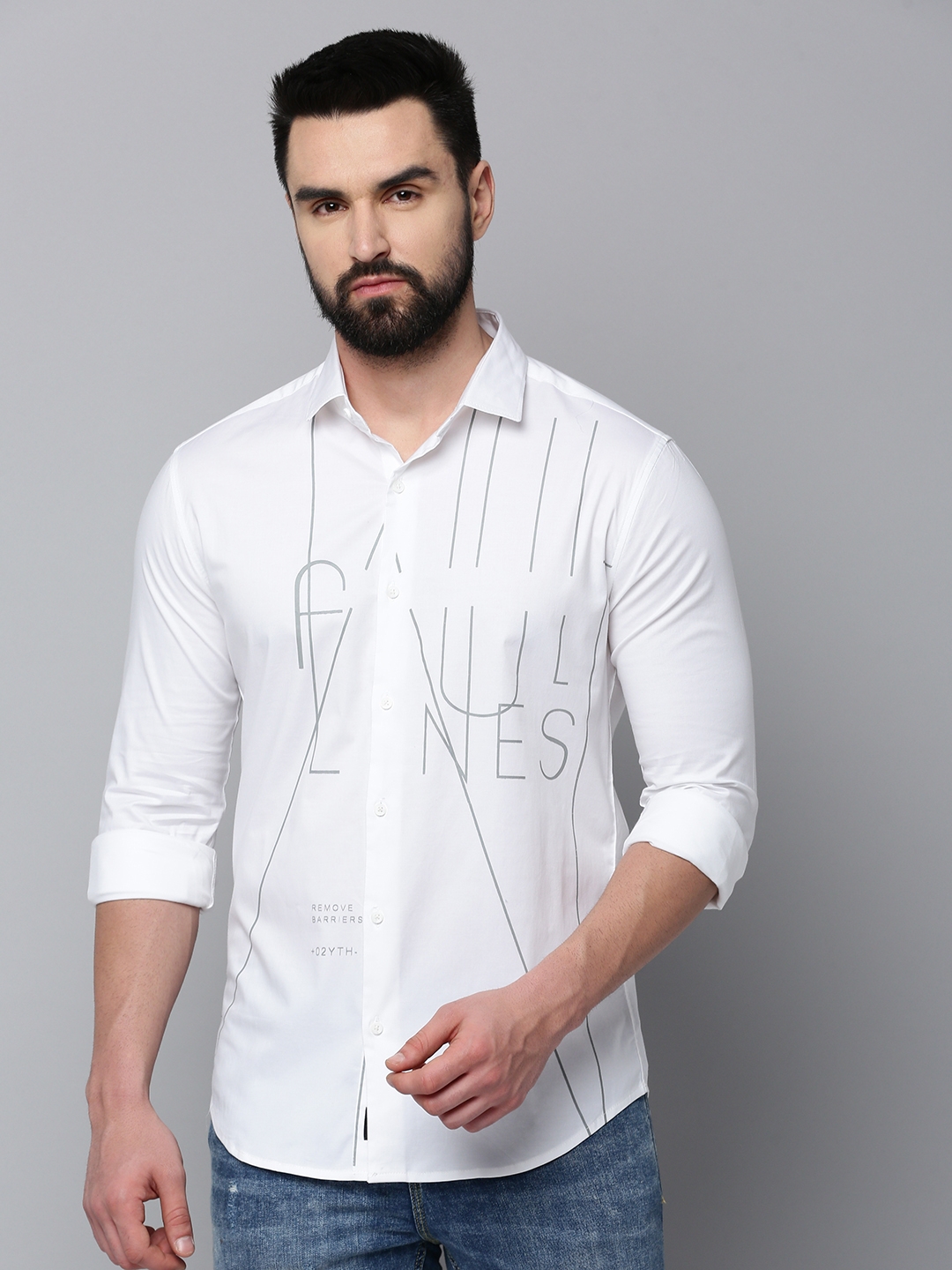 Showoff | SHOWOFF Men's Spread Collar Long Sleeves Printed White Shirt 1