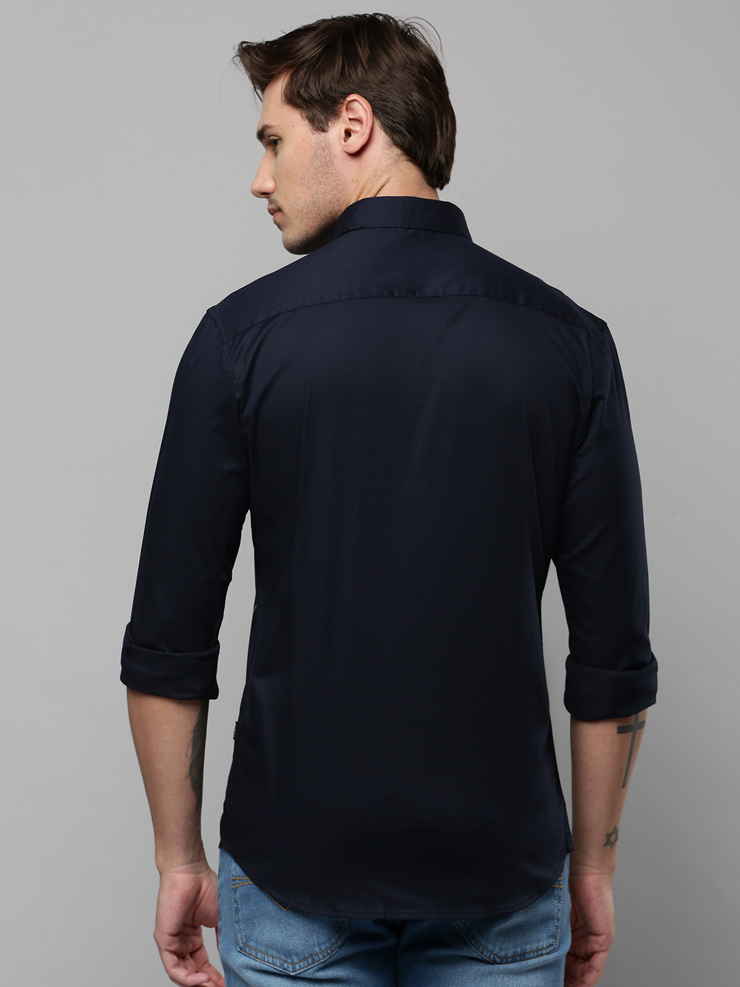 SHOWOFF Men's Spread Collar Long Sleeves Printed Navy Blue Shirt
