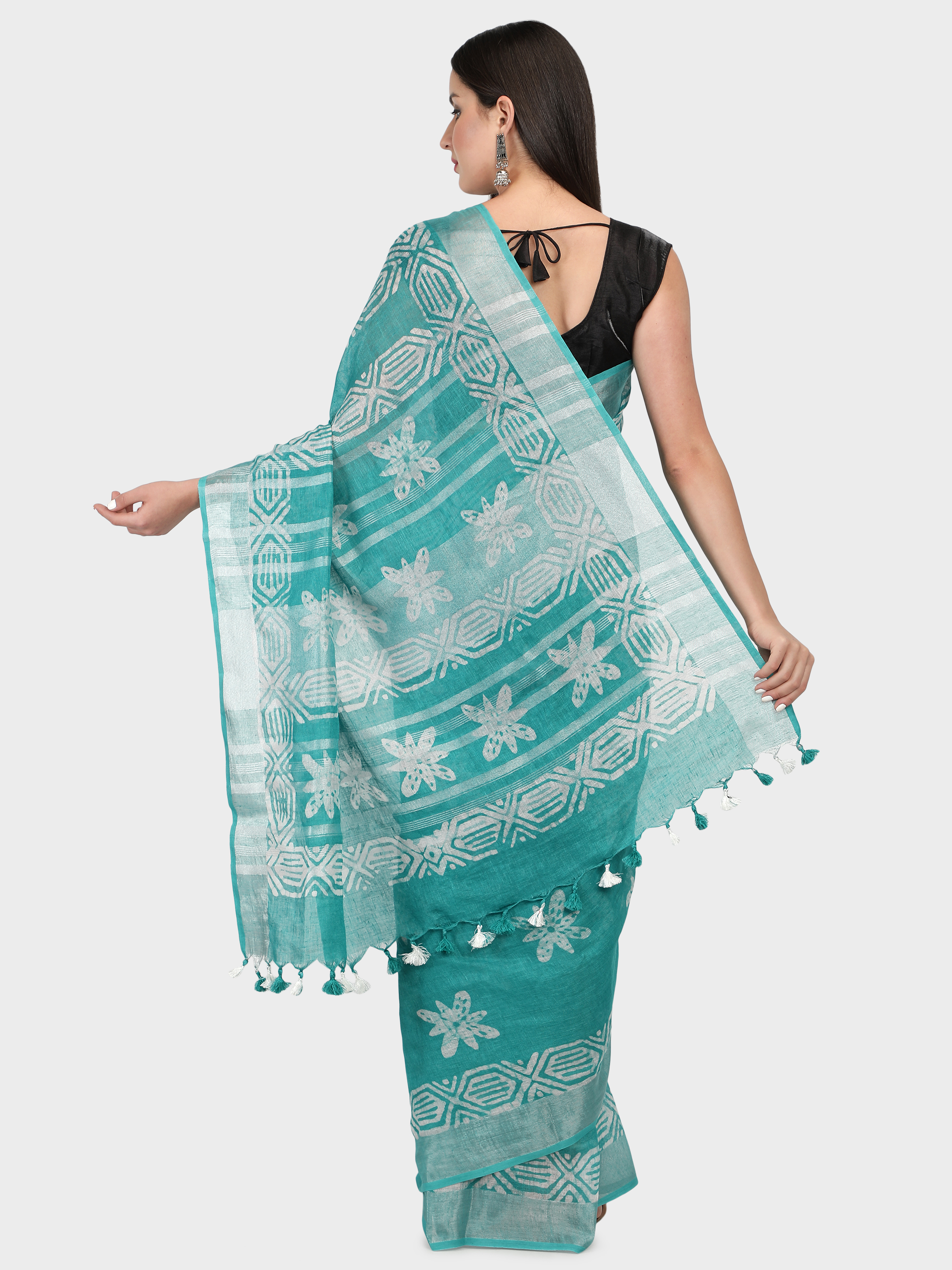 Black with Off White Batik Printed Linen Cotton Saree | Avishya.com