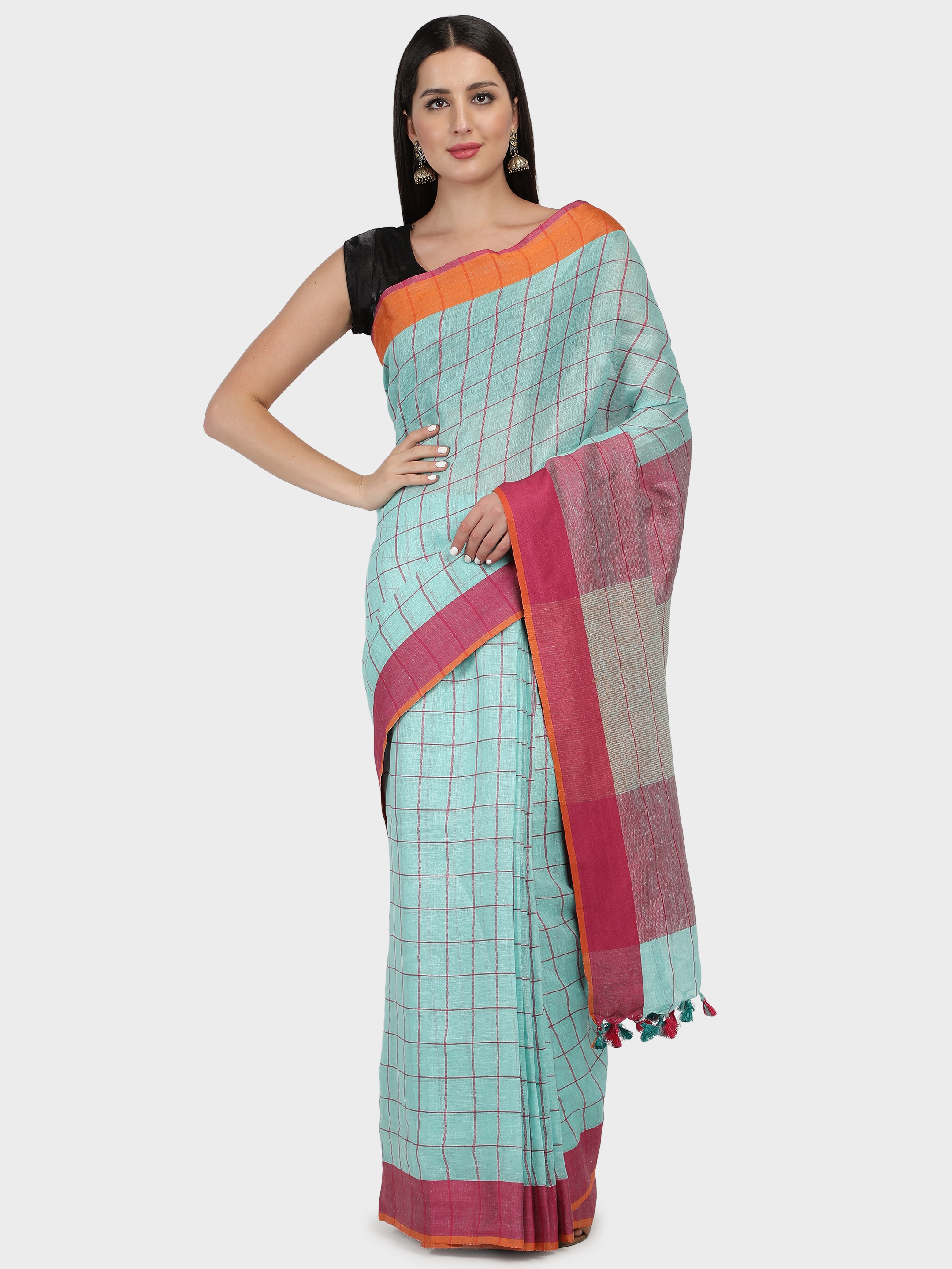 Loophoop | Checkered Linen Saree with blouse 0