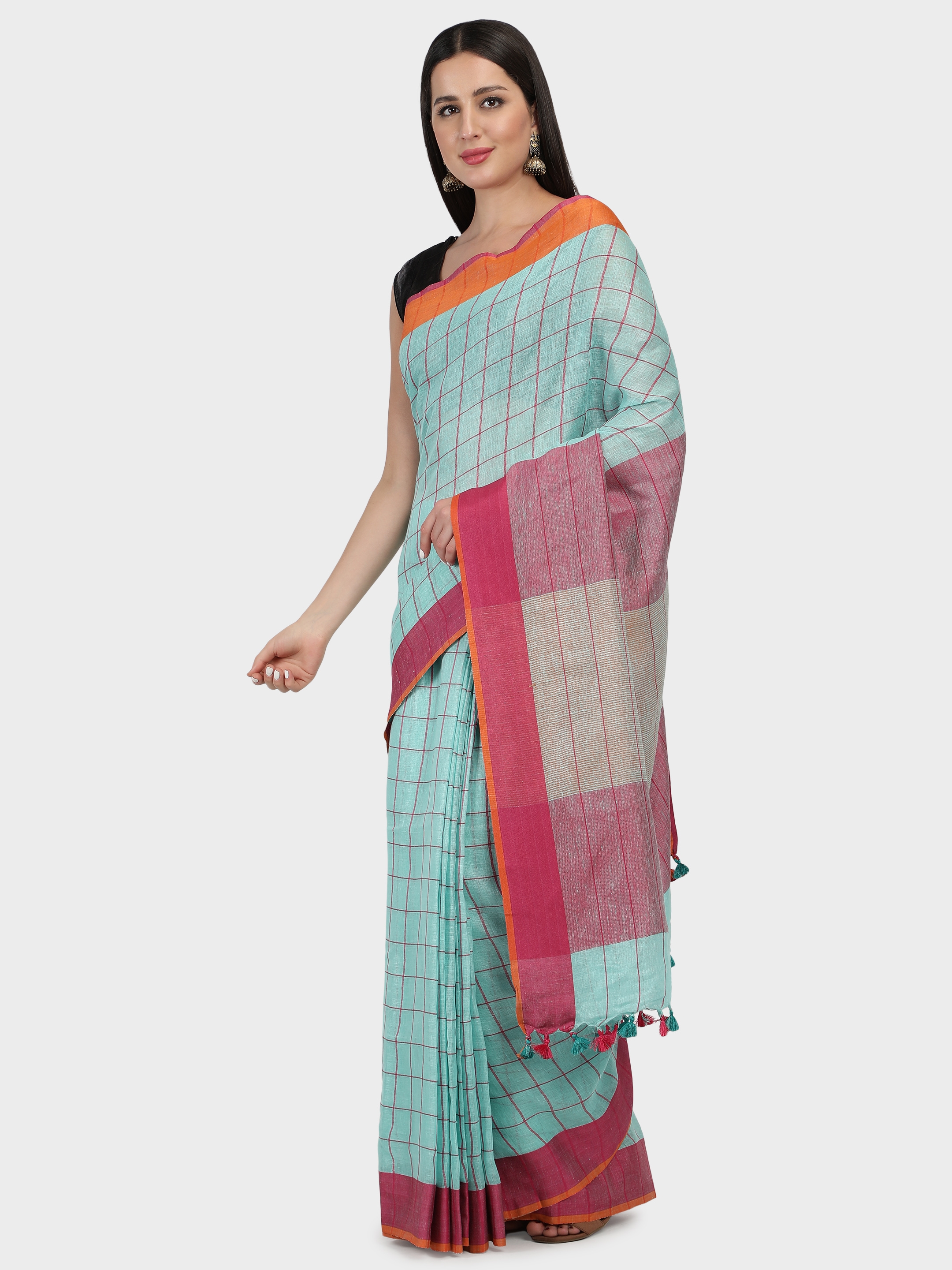 Loophoop | Checkered Linen Saree with blouse 1