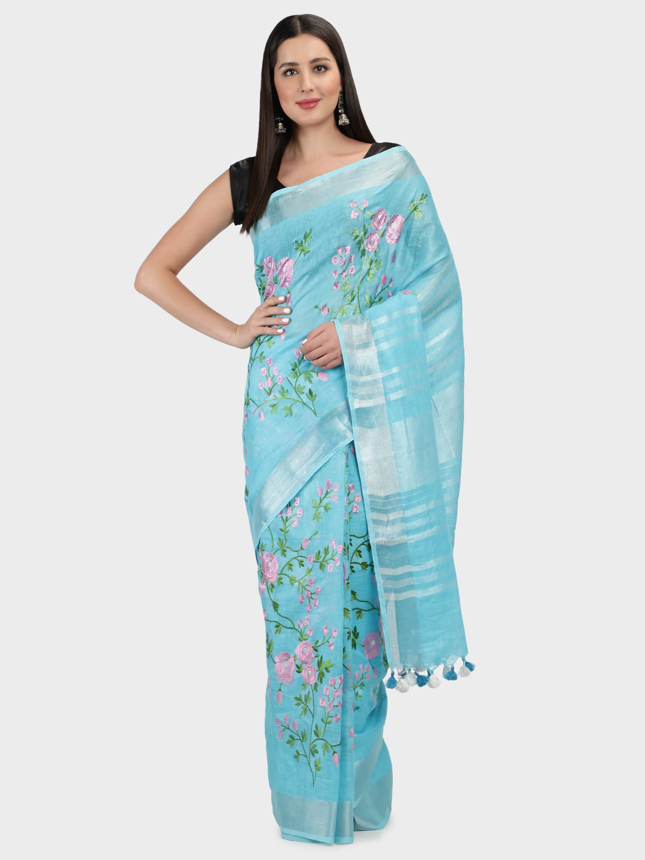 Loophoop | Digital EmbroideryLinen Saree with Blouse  0