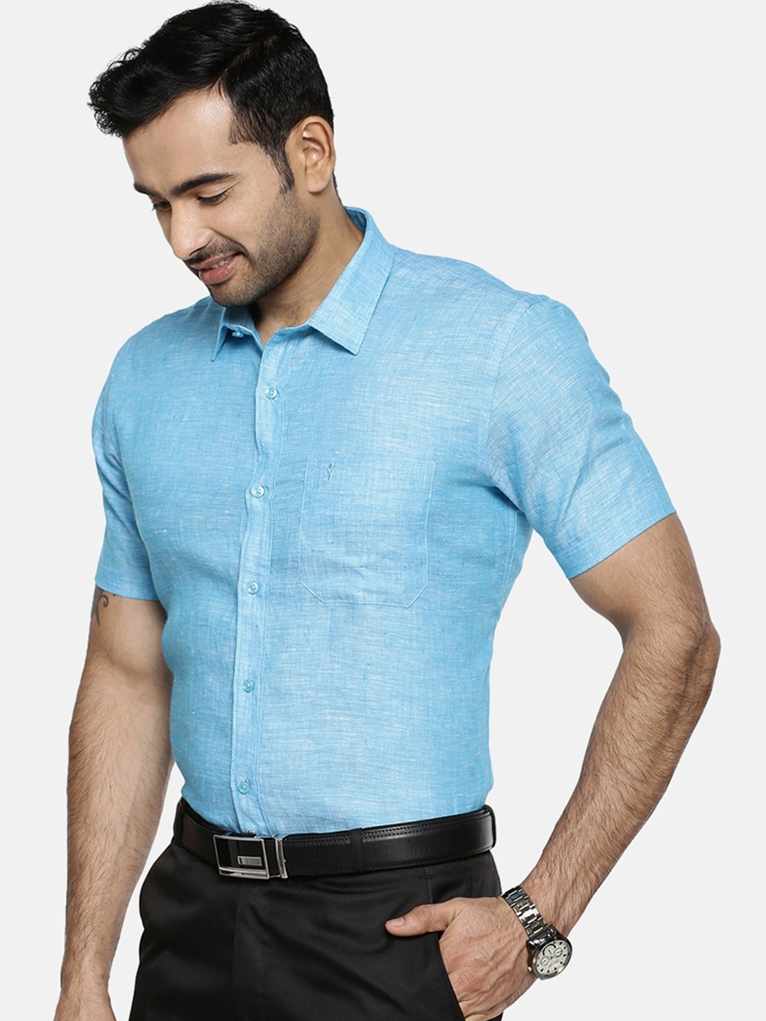 Ramraj Cotton | RAMRAJ COTTON Men Blue Original Slim Fit Solid Formal LinenÂ Shirt 2