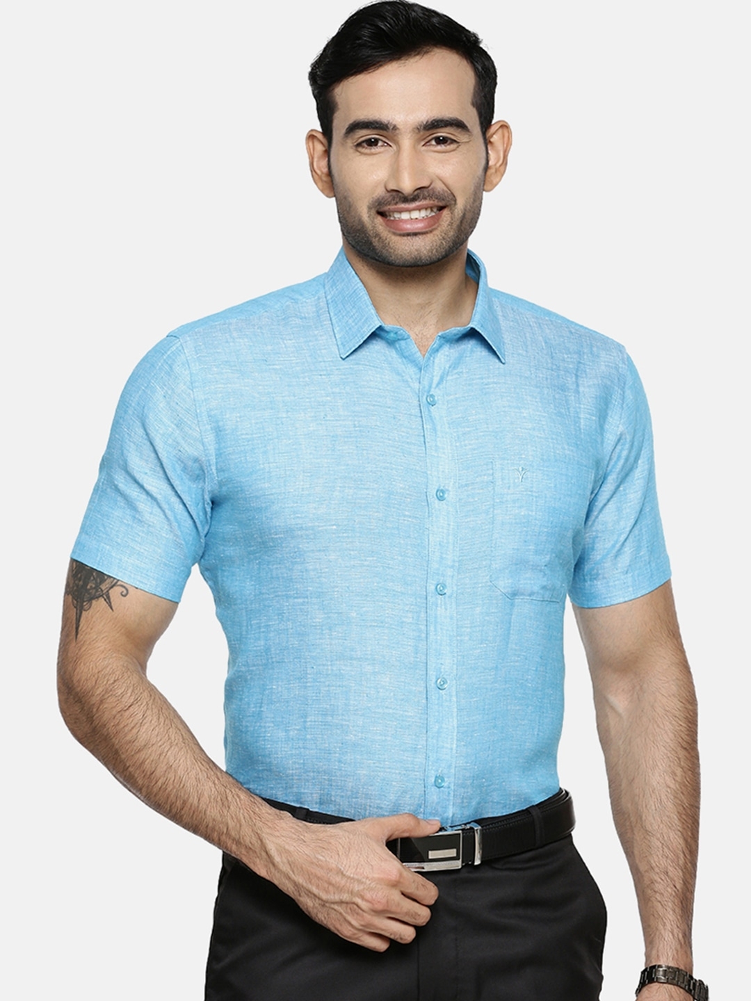 Ramraj Cotton | RAMRAJ COTTON Men Blue Original Slim Fit Solid Formal LinenÂ Shirt 0