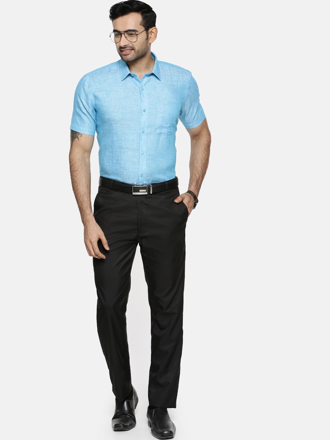 Ramraj Cotton | RAMRAJ COTTON Men Blue Original Slim Fit Solid Formal LinenÂ Shirt 4