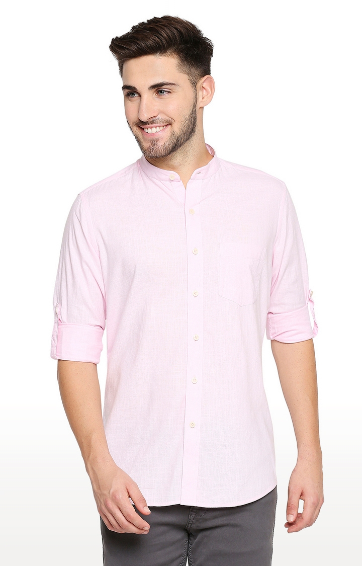 EVOQ | EVOQ Full Sleeves Linen Pink Solid Casual Shirt for Men 0