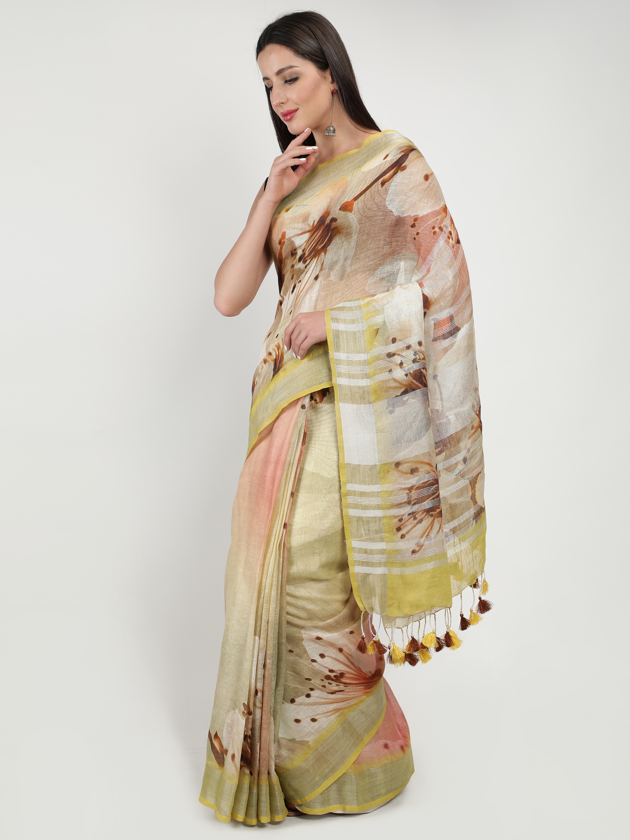 Loophoop | Digital Printed Linen Saree with Blouse 1
