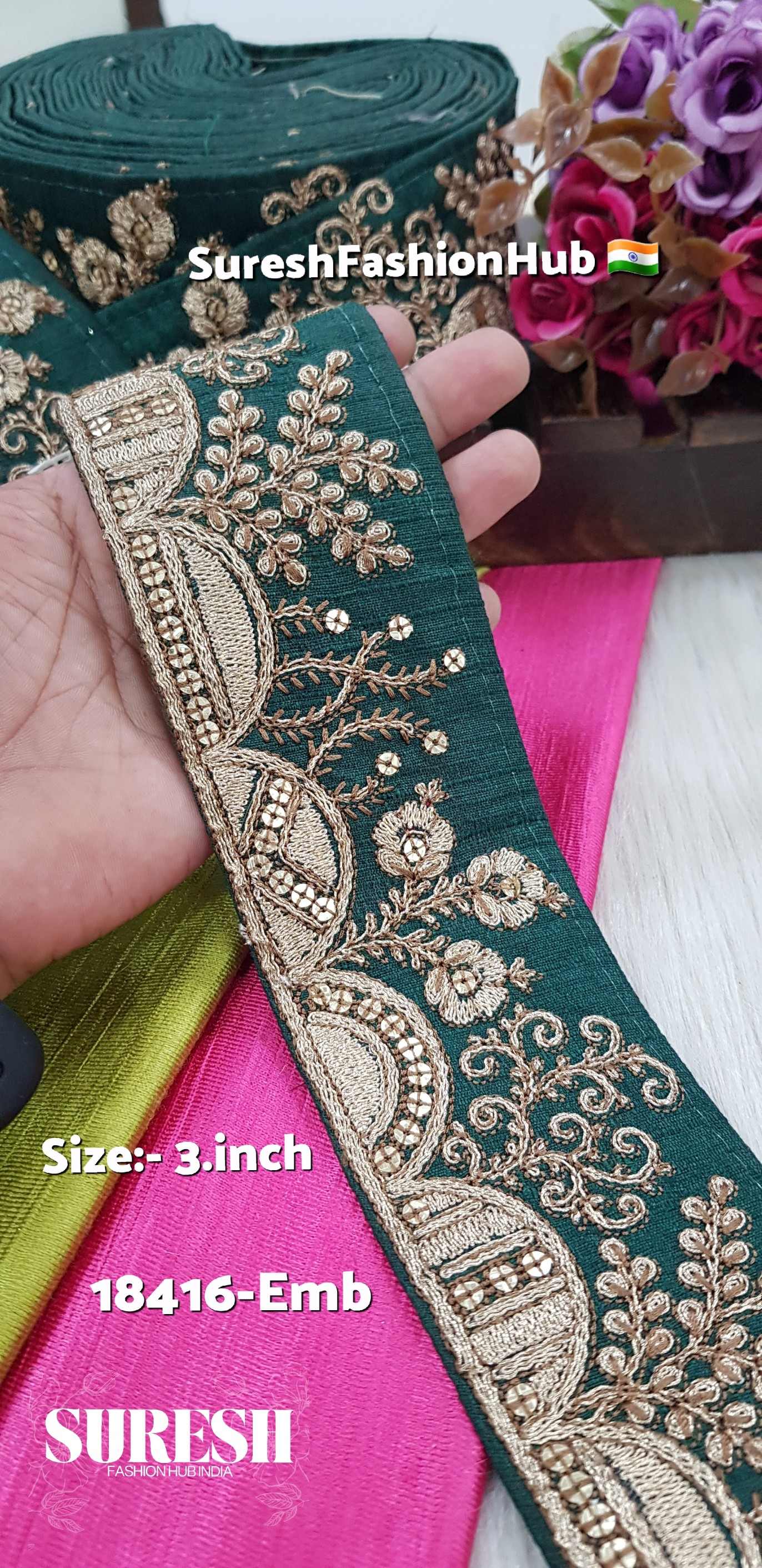 Bottle Green Sequence, Thread & Dori Embroidery Lace – 18416-Emb
