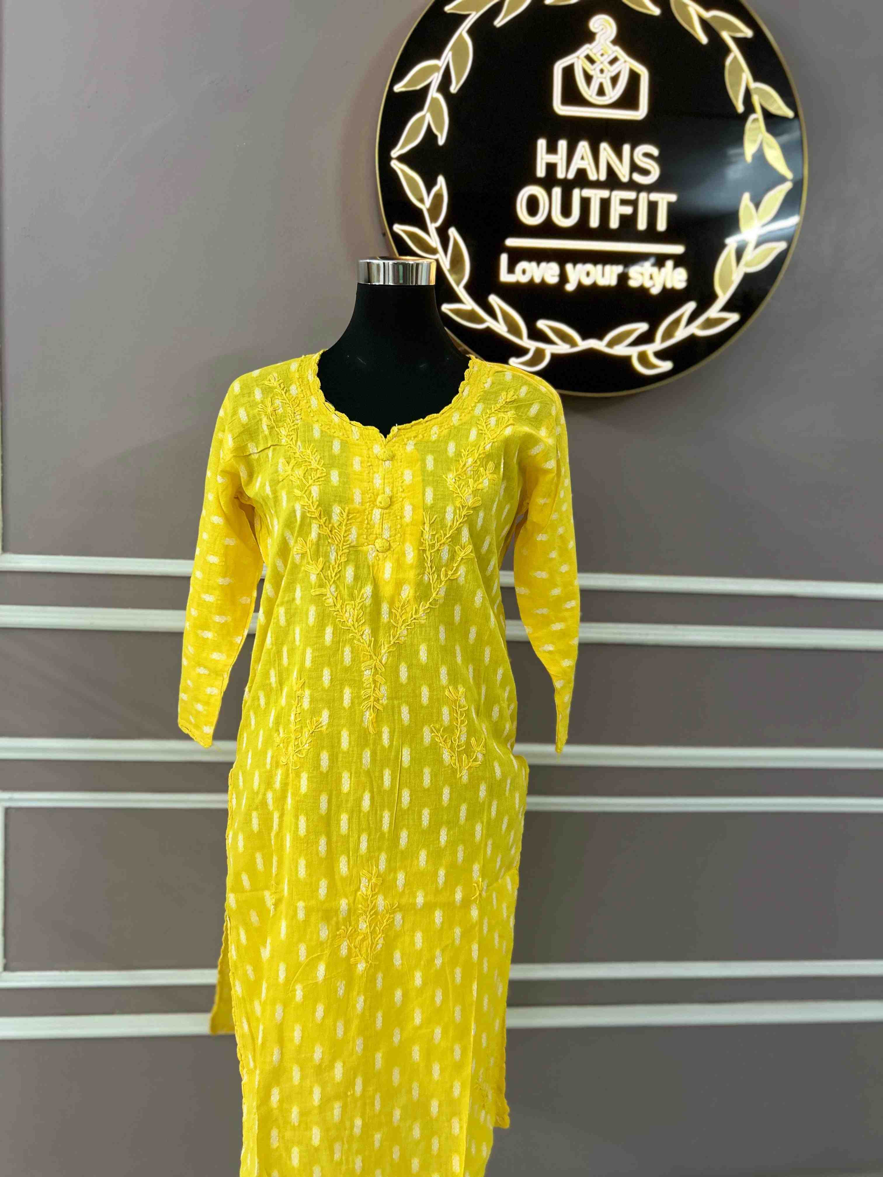 Yellow Lucknowi chickenkari cotton  kurta