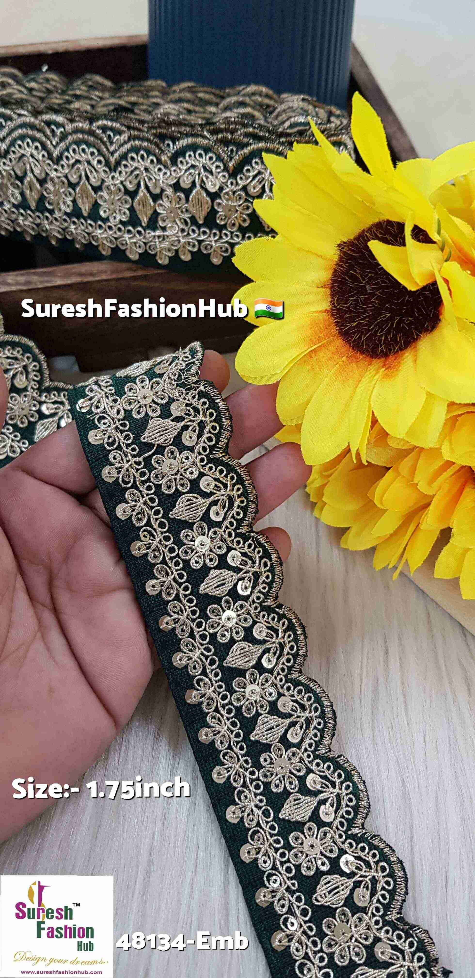 Bottle Green Scalloped Pearl Dori Embroidery Lace on Beige Net