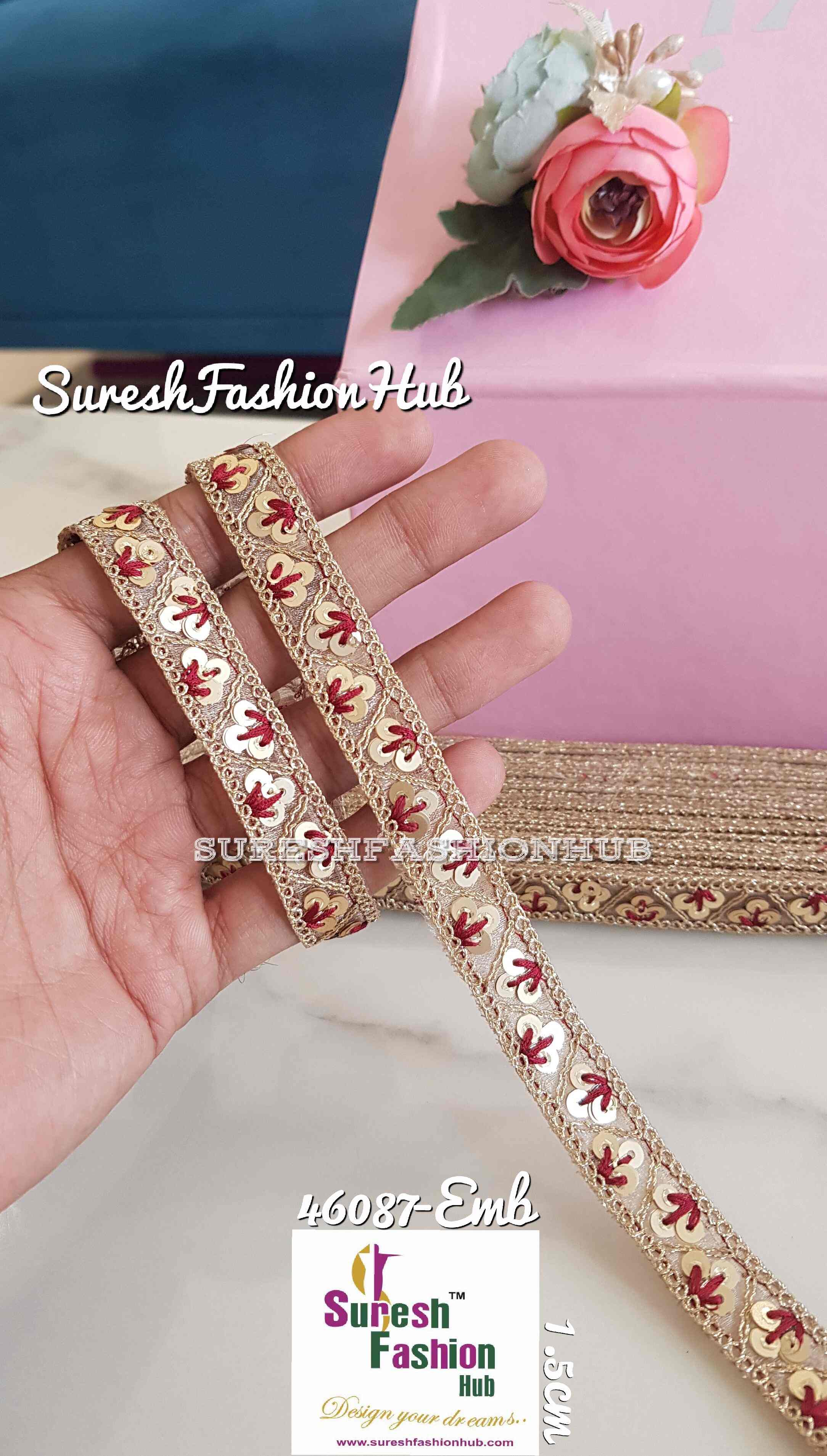 Maroon Luminous Gold Zari  Sequin Borders