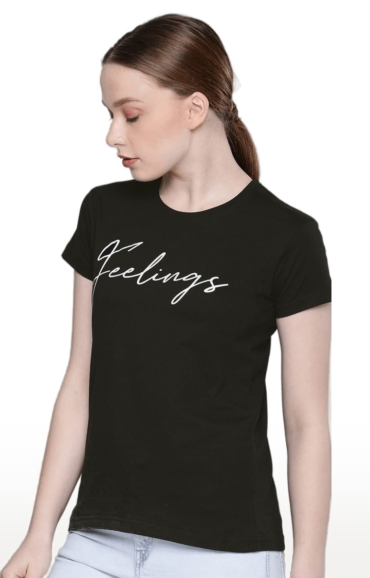 Dillinger | Women's Black Cotton Typographic Printed Regular T-Shirt