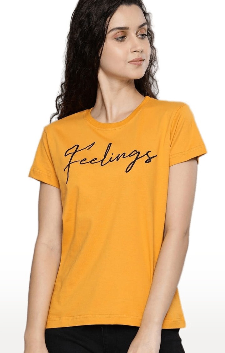 Women's Yellow Typographic Regular T-Shirts