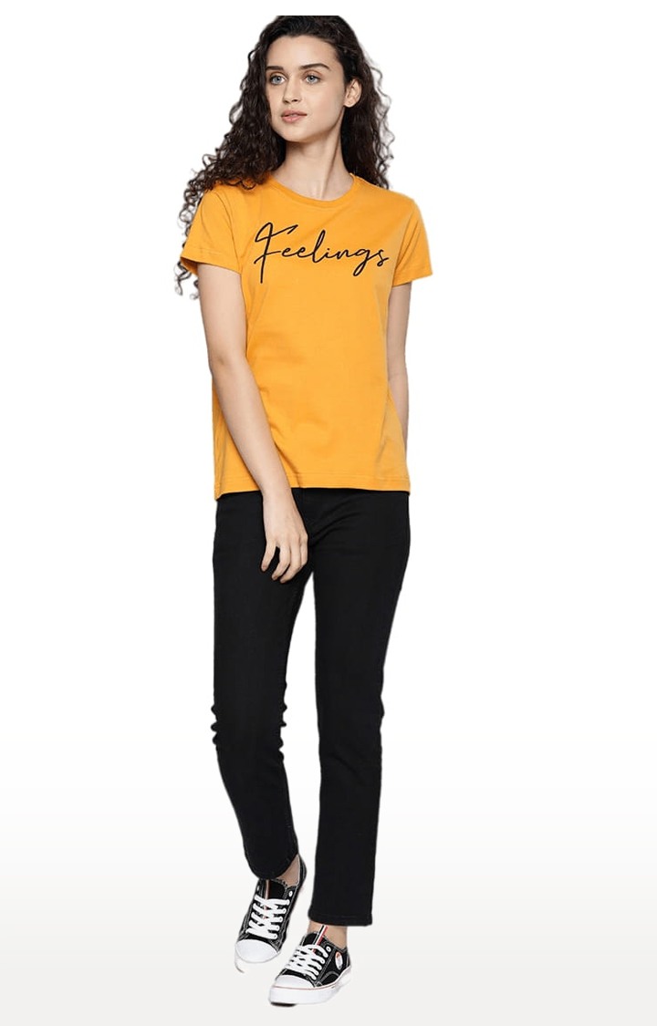 Women's Yellow Typographic Regular T-Shirts