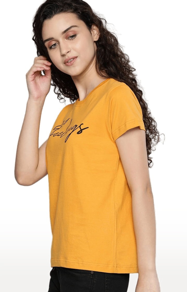 Women's Yellow Typographic Regular T-Shirts