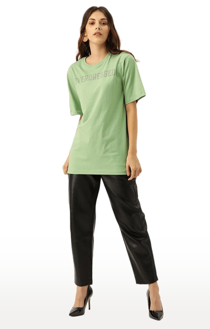 Women's Green Cotton Typographic Printed Oversized T-Shirt