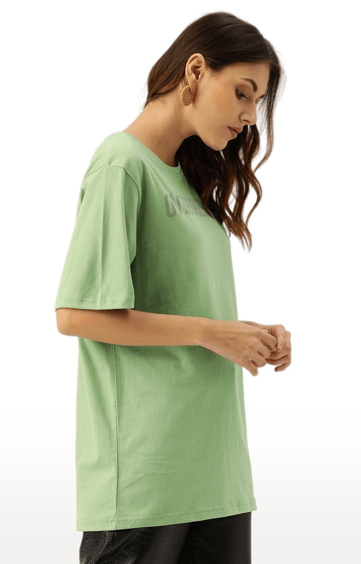 Women's Green Cotton Typographic Printed Oversized T-Shirt