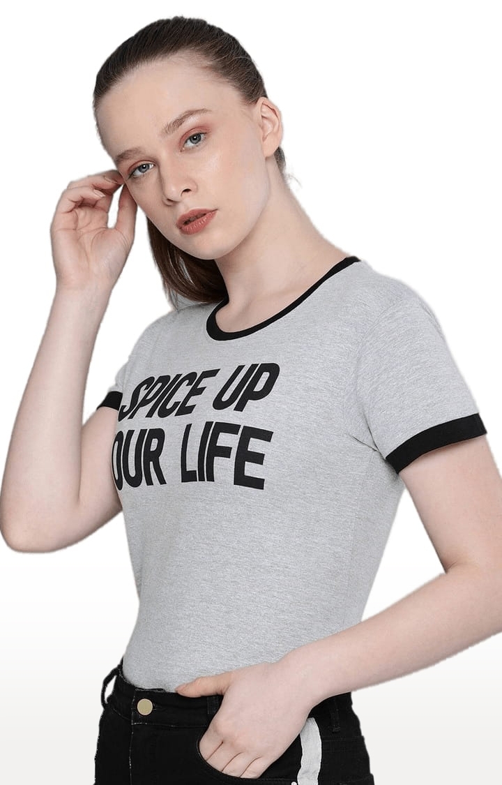 Women's Grey Cotton Typographic Printed Regular T-Shirt