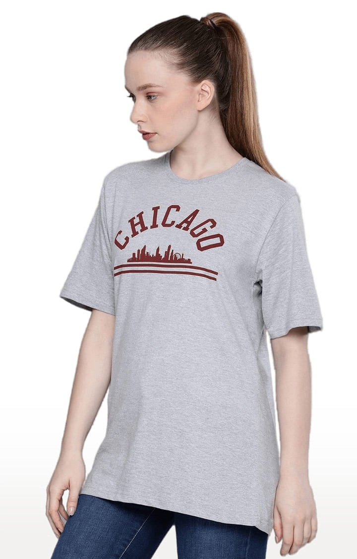Dillinger | Women's Grey Cotton Typographic Printed Oversized T-Shirt 0