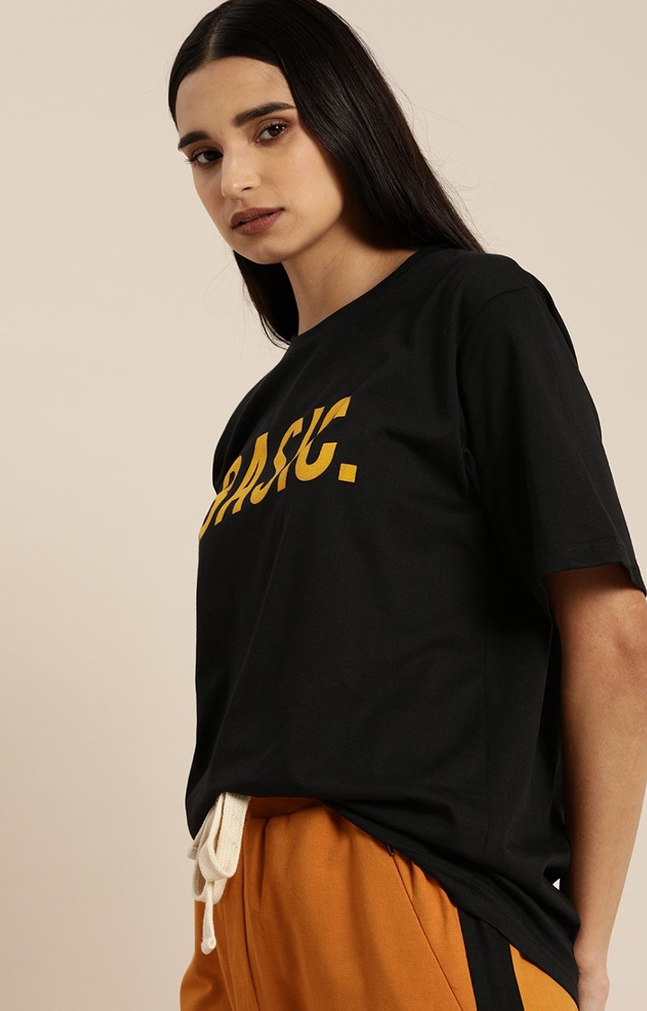 Women's Black Cotton Typographic Printed Oversized T-Shirt