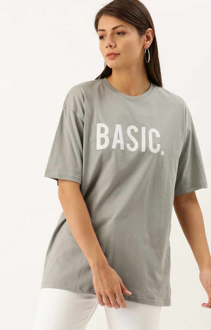 Women's Grey Cotton Typographic Printed Oversized T-Shirt