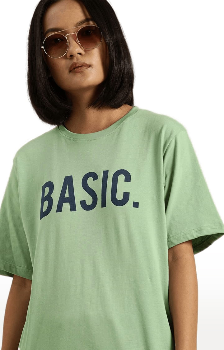 Women's Green Cotton Typographic Printed Oversized T-Shirt