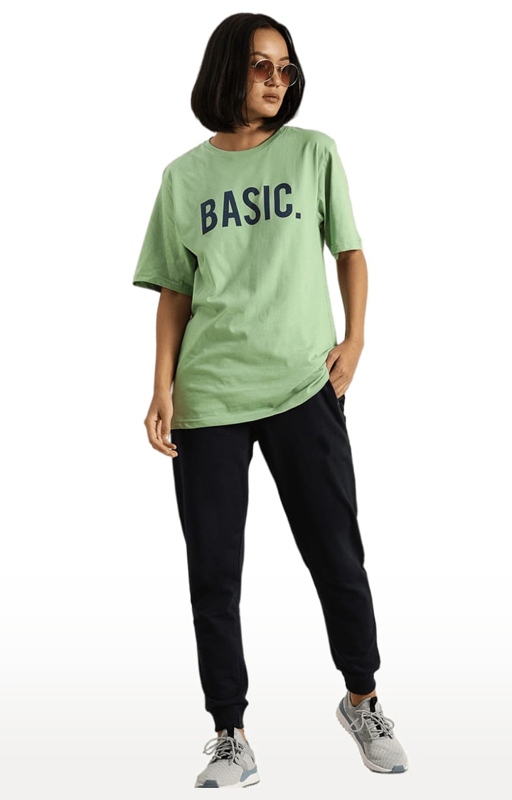 Women's Green Cotton Typographic Printed Oversized T-Shirt