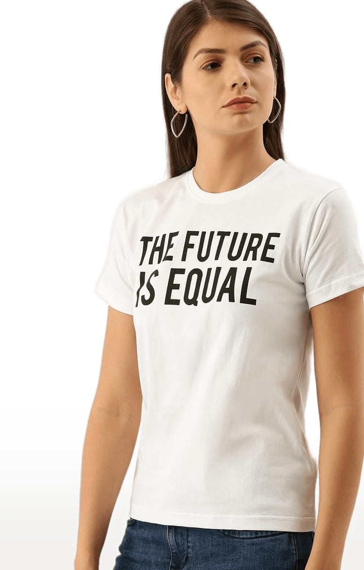 Women's White Typographic Regular T-Shirts