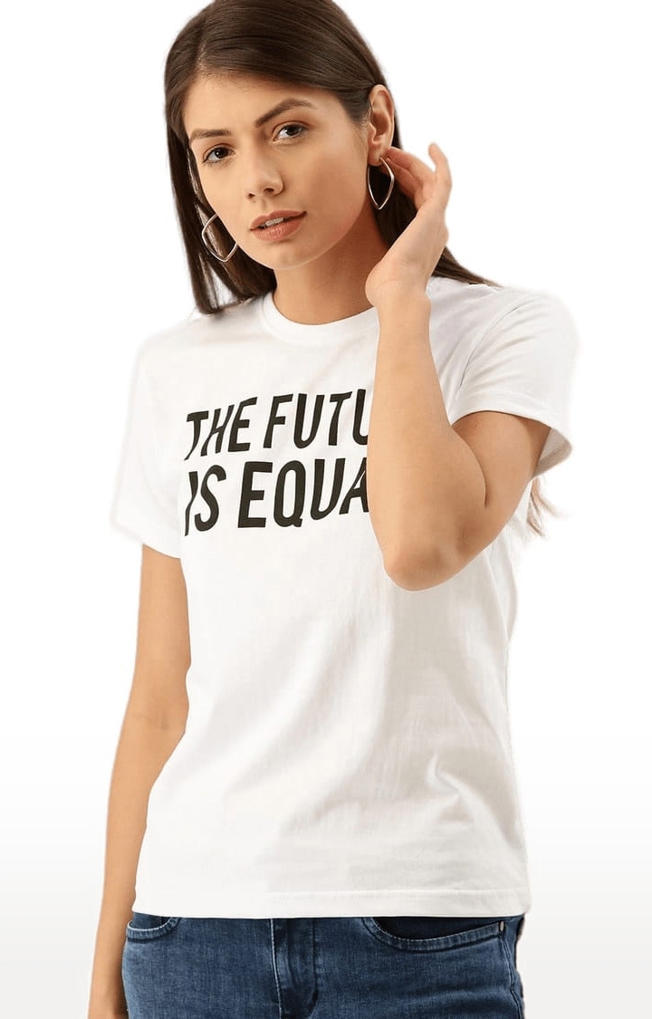 Women's White Typographic Regular T-Shirts