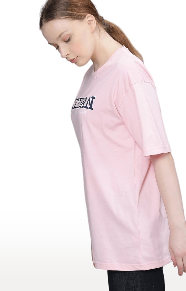 Dillinger | Women's Pink Typographic Oversized T-Shirts 2