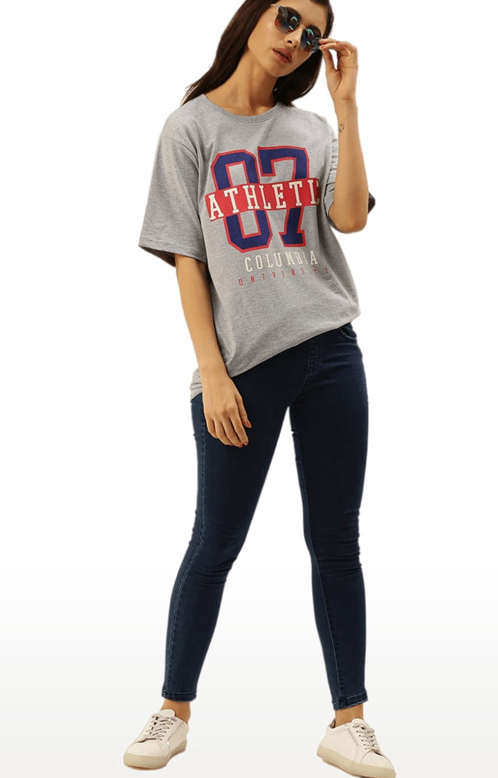 Women's Grey Cotton Typographic Printed Oversized T-Shirt
